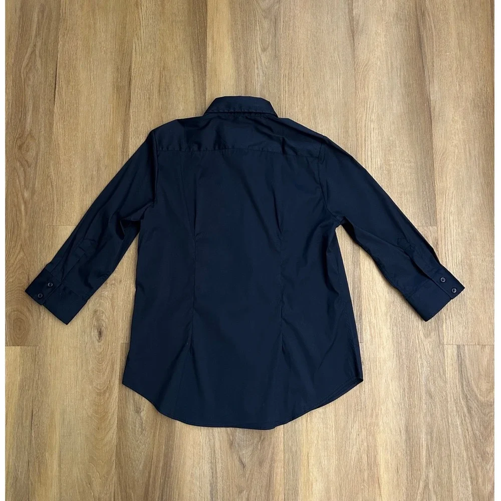 The Shirt Rochelle Behrens Navy Blue 3/4 Sleeve Button Down Blouse Womens Large - Picture 2 of 6